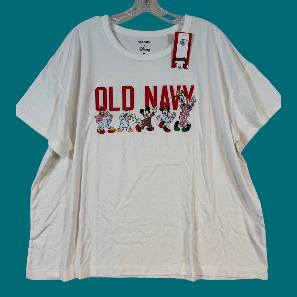 Old Navy Disney Christmas Graphic T-Shirt Womens XXL White Mickey Friends NWT